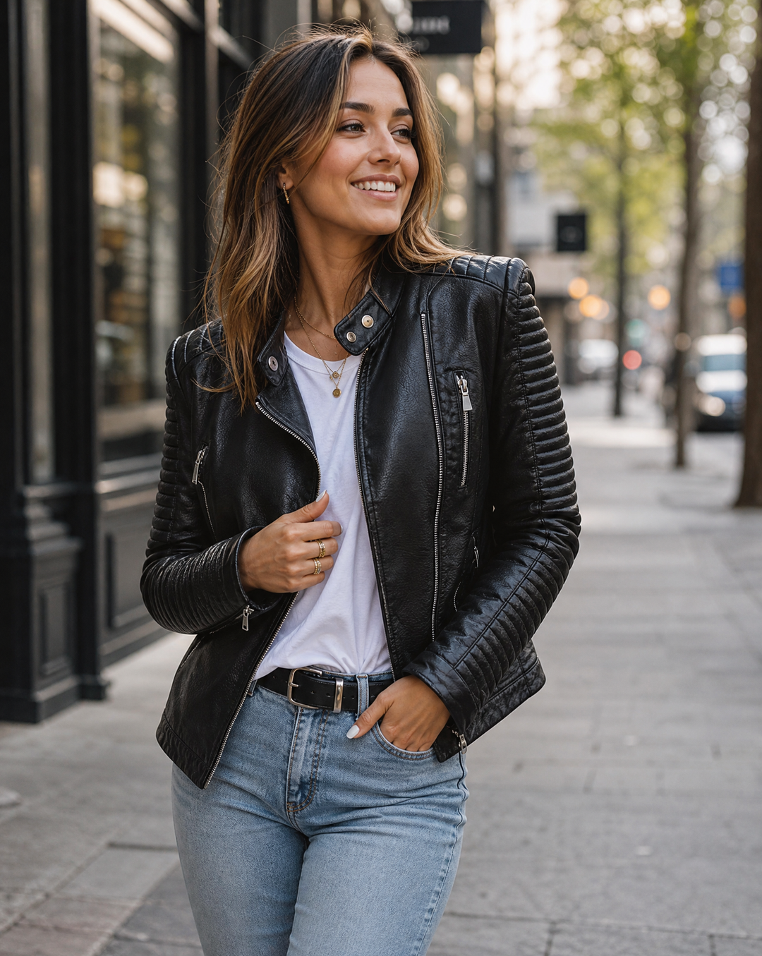 Women's edgy black biker jacket with modern zip details. Stylish and fitted fashion outerwear.
