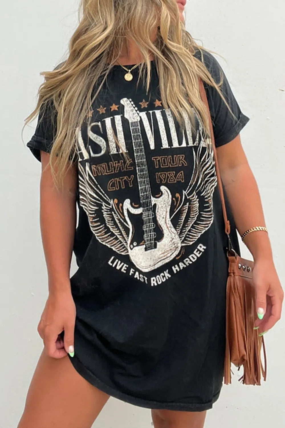 Women's edgy black graphic print tee shirt dress, perfect for versatile casual street style.