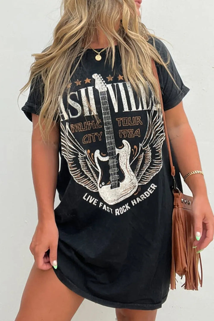 Black graphic print mini tee dress for women, a stylish oversized short sleeve casual everyday dress.