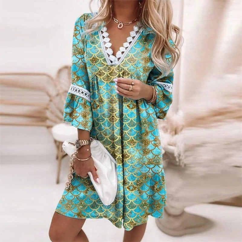 Comfortable women's boho mini dress with a unique print, great for relaxed summer style and casual outings.