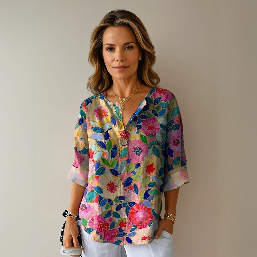 Women's effortless chic floral print long sleeve blouse, a versatile top.
