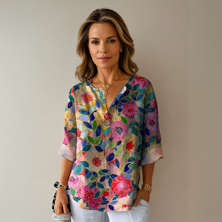 Women's effortless chic floral print long sleeve blouse, a versatile top.