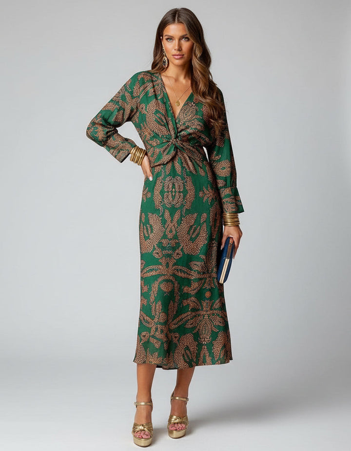 Flowy boho wrap midi dress for women, a comfortable and elegant choice for summer fashion.