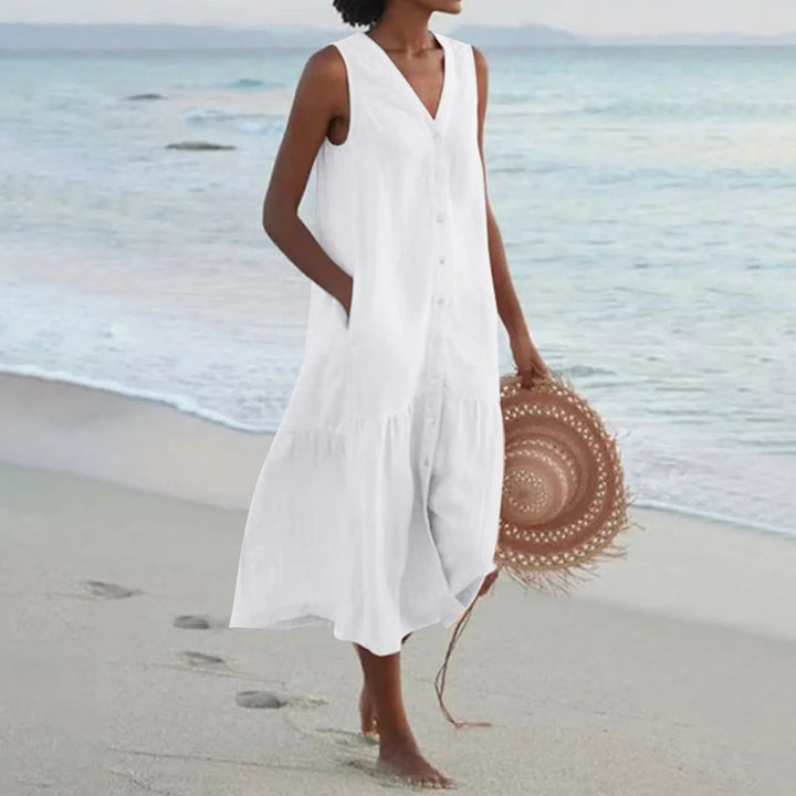 Women's Elara V-neck linen summer dress, sleeveless and comfortable for casual or elegant spring outfits.
