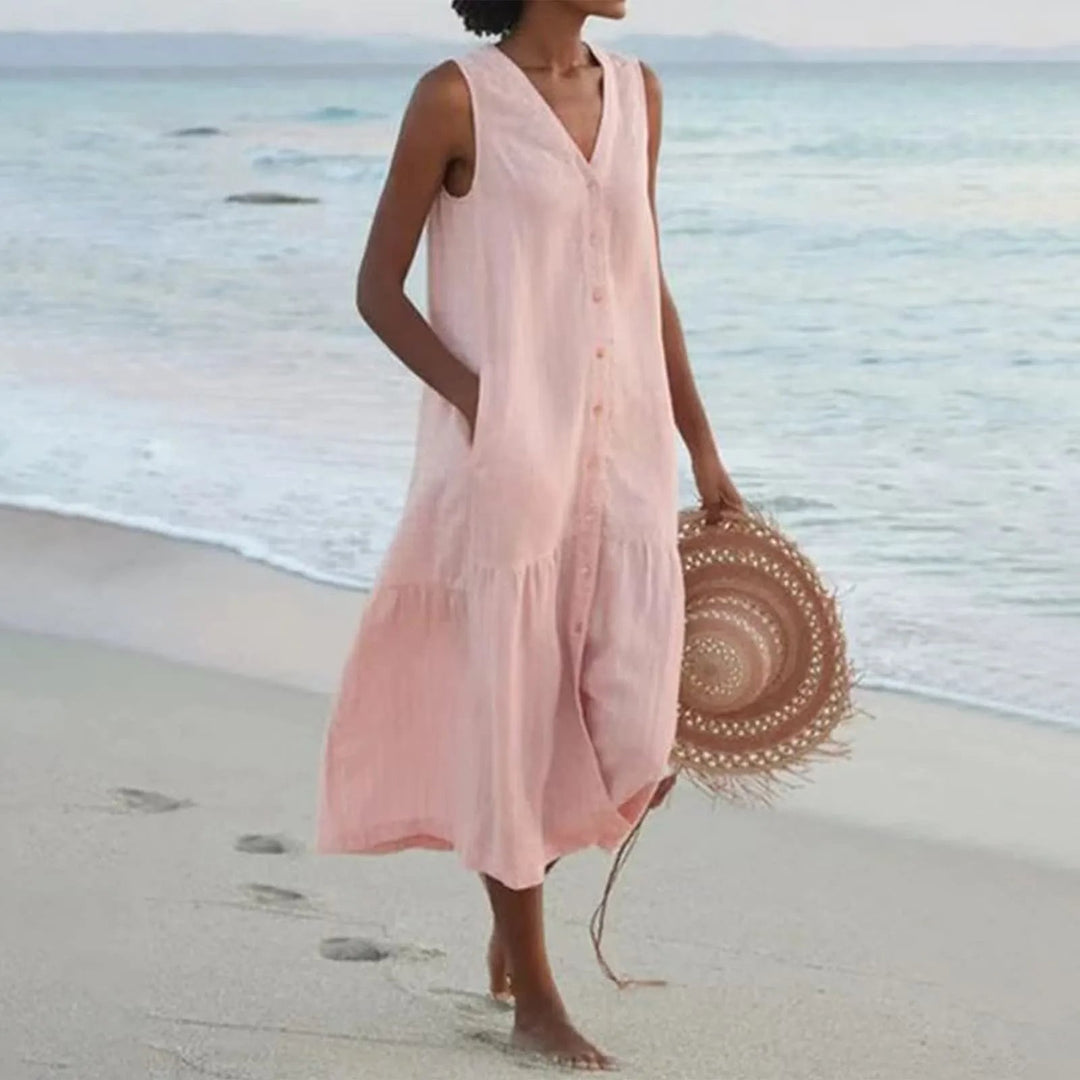 Elegant women's sleeveless V-neck linen dress, perfect for comfortable summer days or chic spring outfits.