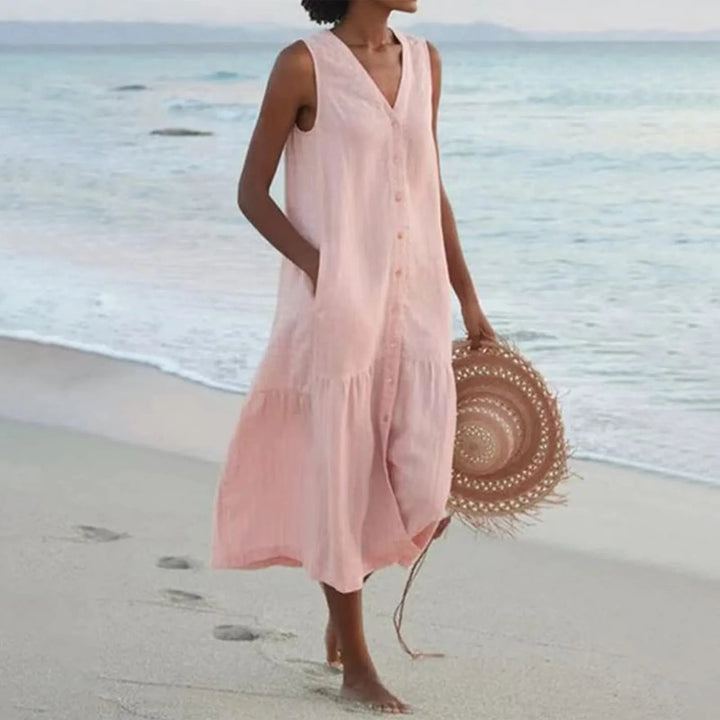 Elegant women's sleeveless V-neck linen dress, perfect for comfortable summer days or chic spring outfits.