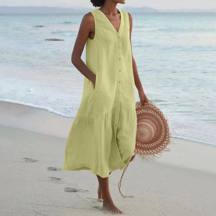 Women's V-neck linen dress for summer. Effortlessly stylish, comfortable, and versatile for spring outfits.