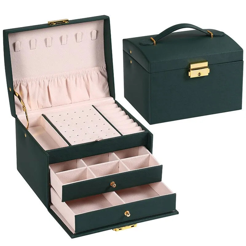 Women's elegant 3-layer leather jewelry box organizer for rings, necklaces & earrings.