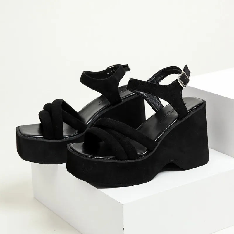 Women's elegant black comfort sandals with cushioned sole, perfect for summer fashion & casual chic outfits.
