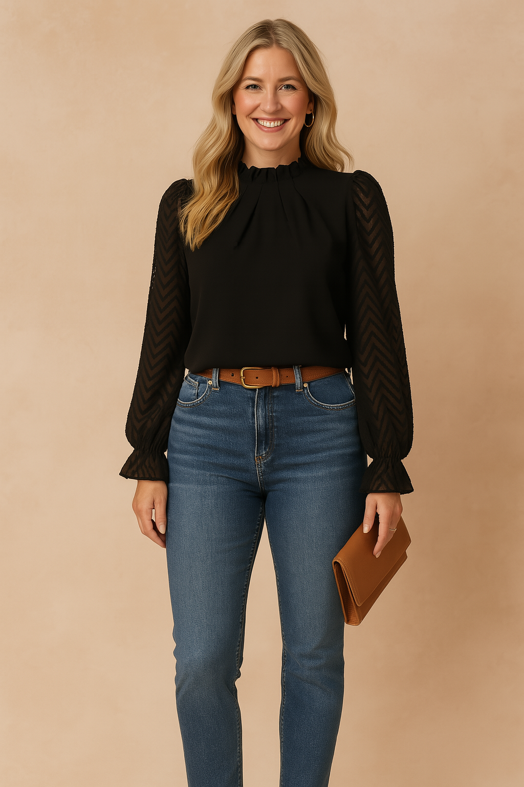 Women's elegant blouse featuring sheer chevron long sleeves, a stylish high neck, and delicate pleats.