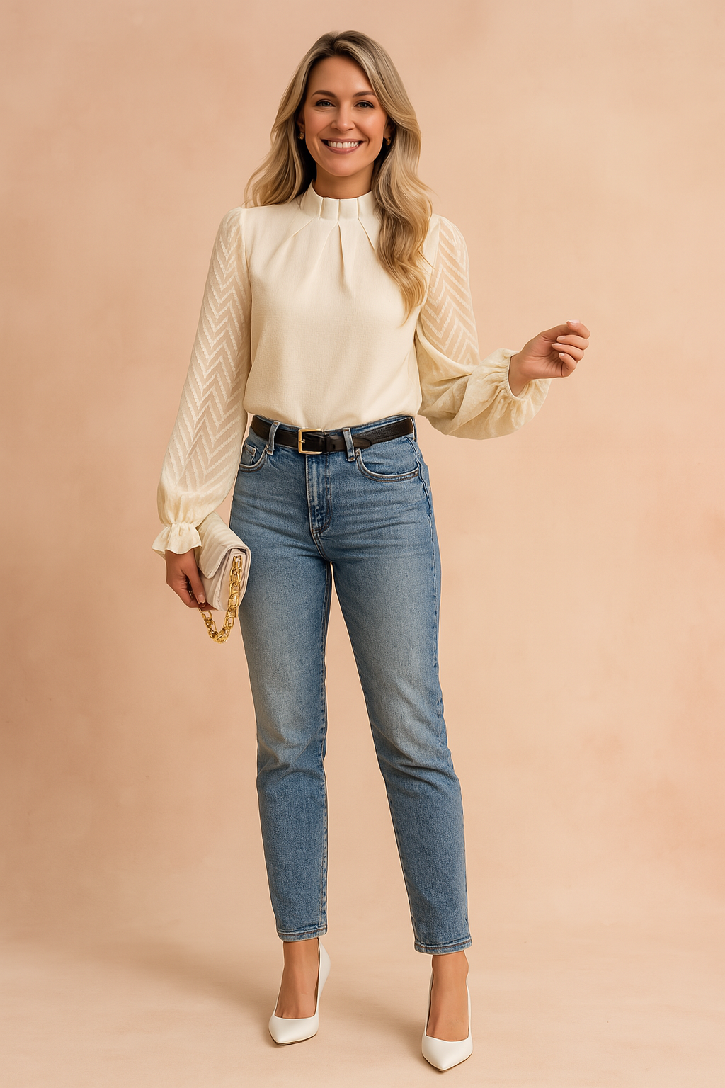 Sophisticated women's pleated blouse with unique sheer chevron pattern long sleeves and a refined high neck.