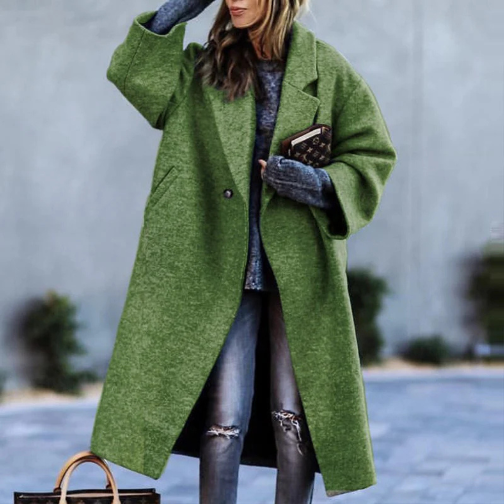 Elegant women's classic jacket with button-front closure. Smart casual or formal long sleeve outerwear.