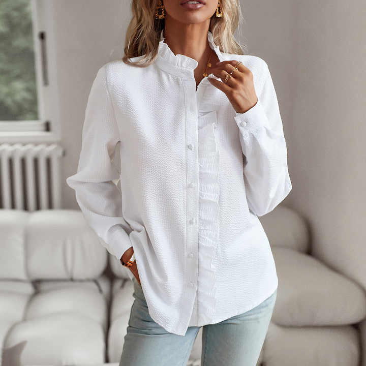 White women's elegant blouse, a comfortable timeless style top. Chic and versatile for any occasion.