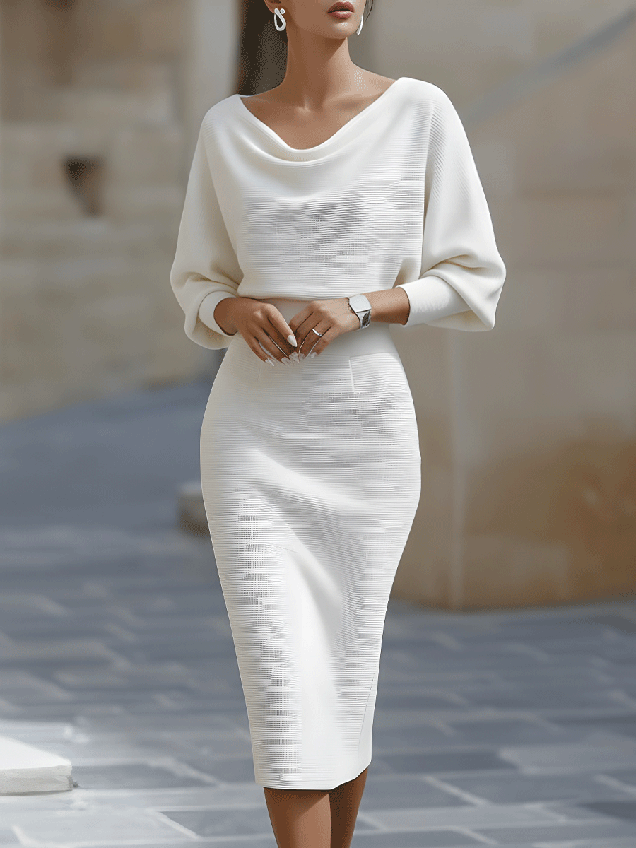 Women's elegant draped midi dress with batwing sleeves, sophisticated for cocktail parties & work. Long sleeve style.