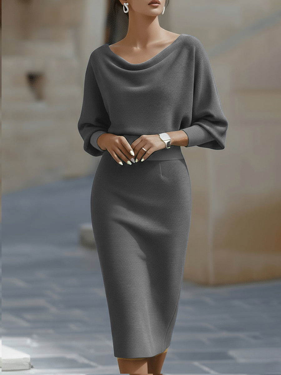 Elegant women's batwing sleeve midi dress, a draped cocktail & work dress. Perfect for sophisticated occasions.