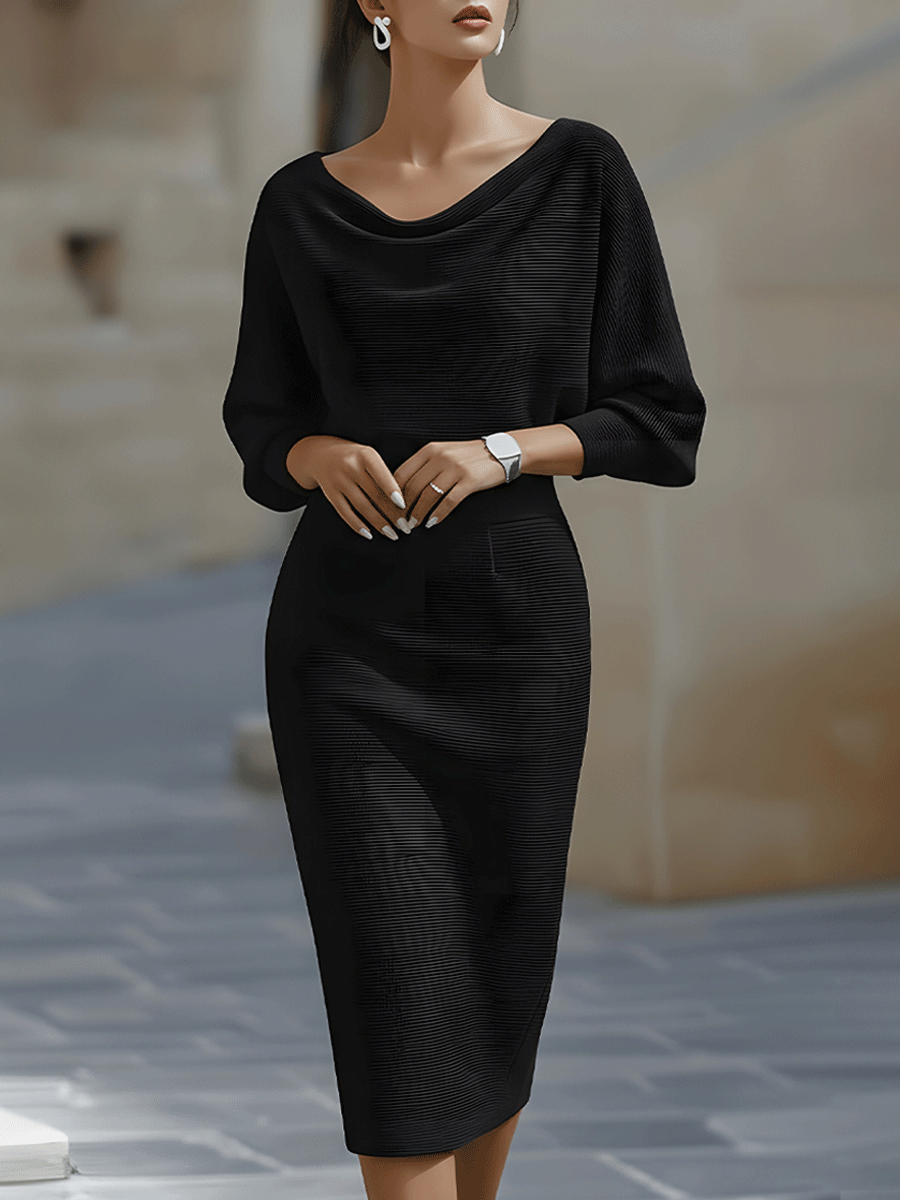 Stylish women's sheath midi dress with a chic draped neckline and flowing batwing sleeves. Versatile work attire.