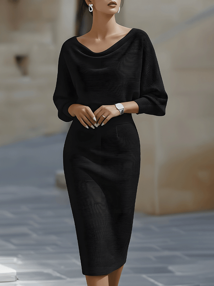 Stylish women's sheath midi dress with a chic draped neckline and flowing batwing sleeves. Versatile work attire.