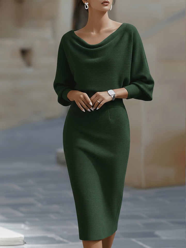 Women's elegant draped midi dress, long sleeve with flattering batwing sleeves. Ideal for professional & evening wear.