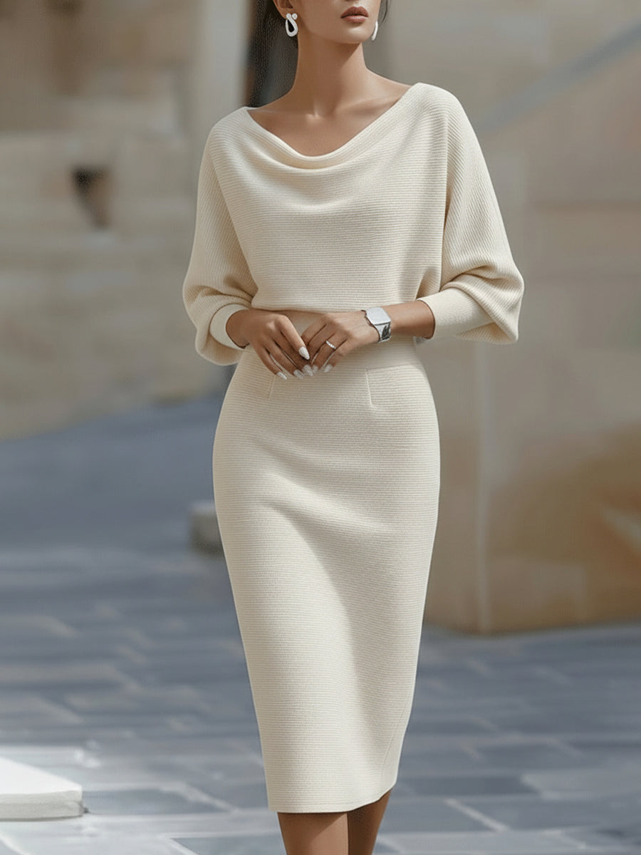 Beautiful women's elegant midi dress, featuring a sophisticated draped design & trendy batwing sleeves. Perfect fit.