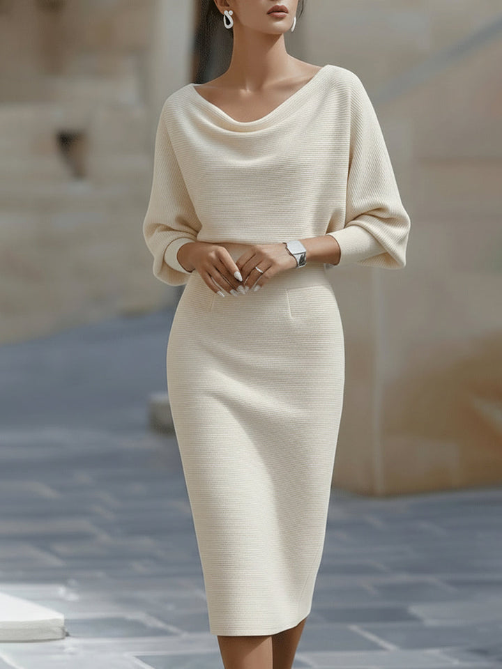 Beautiful women's elegant midi dress, featuring a sophisticated draped design & trendy batwing sleeves. Perfect fit.