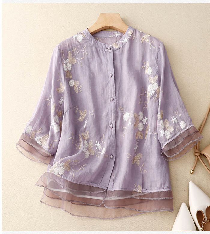 Flattering fit women's long sleeve blouse, an elegant embroidered top designed for comfort wear and versatile style.
