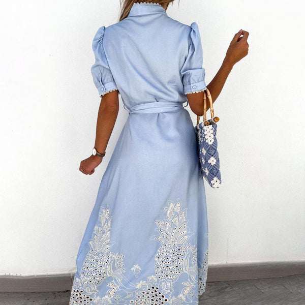 Long embroidered maxi dress for women, featuring elegant detailing, great for summer parties.