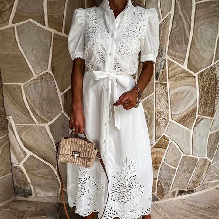 Summer flowy long maxi dress for women, elegantly embroidered, suitable for beach, vacation & casual chic.