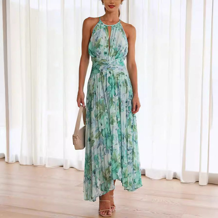 Women's elegant floral halter midi dress, perfect for wedding guests. Spring/summer formal occasion wear.