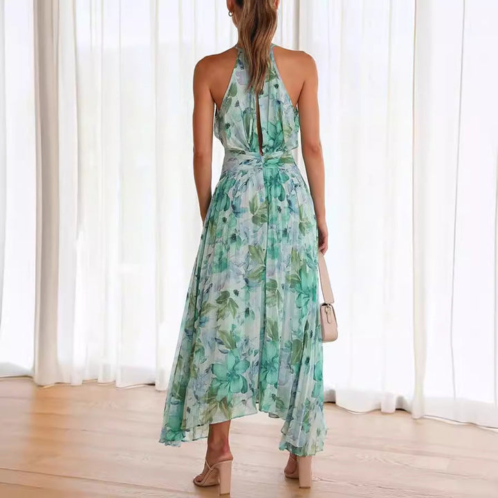 Beautiful sleeveless floral halter midi dress for women, an elegant choice for wedding guests & formal events.