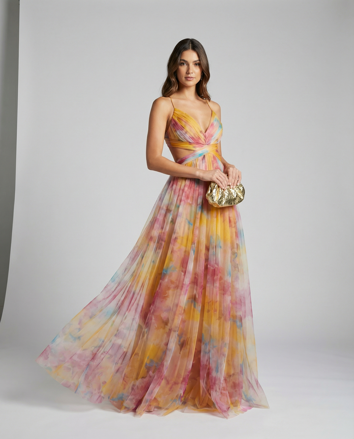 Romantic floral maxi dress for women, ideal for summer parties & elegant occasions. Floor-length evening wear.