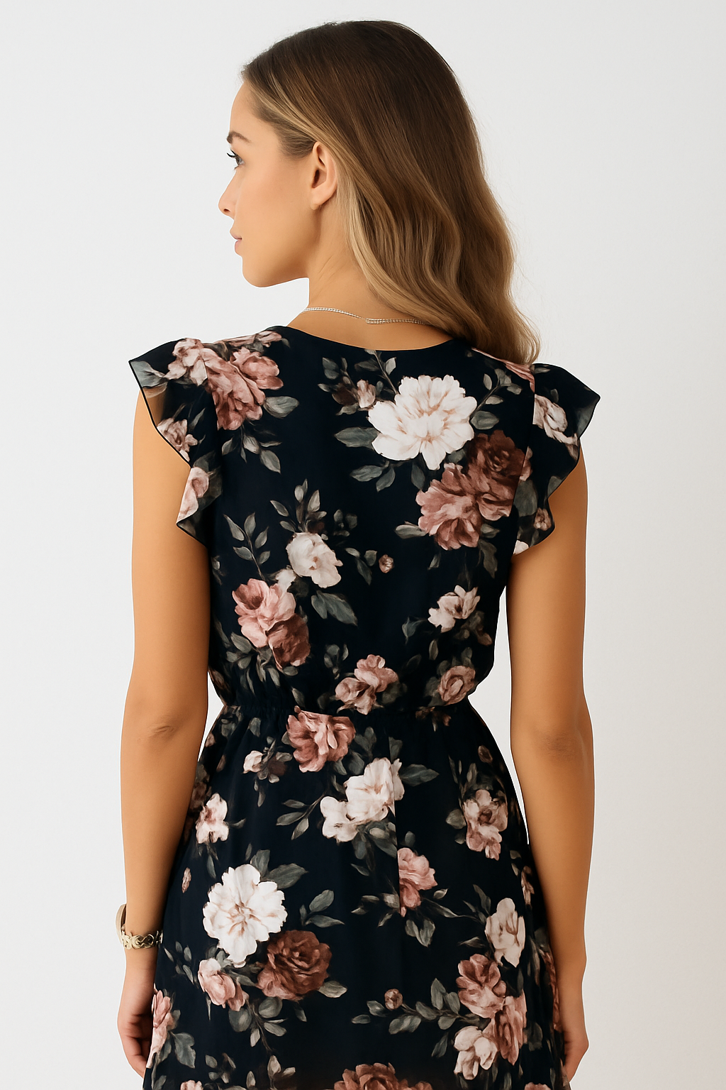 Beautiful women's spring/summer floral midi dress with ruffles, ideal for casual or elegant daywear.