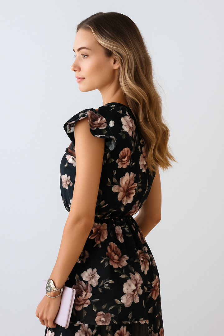 Flattering floral print ruffled midi dress for women, suitable for work, day outings & elegant occasions.