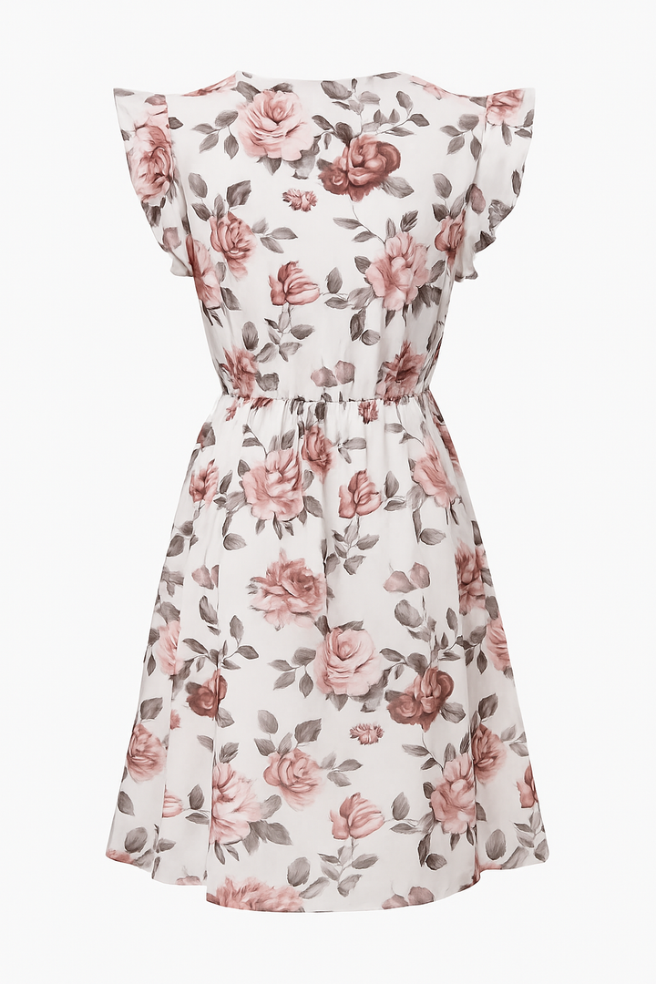 Chic women's floral midi dress with ruffles, versatile for elegant workwear or casual spring/summer fashion.