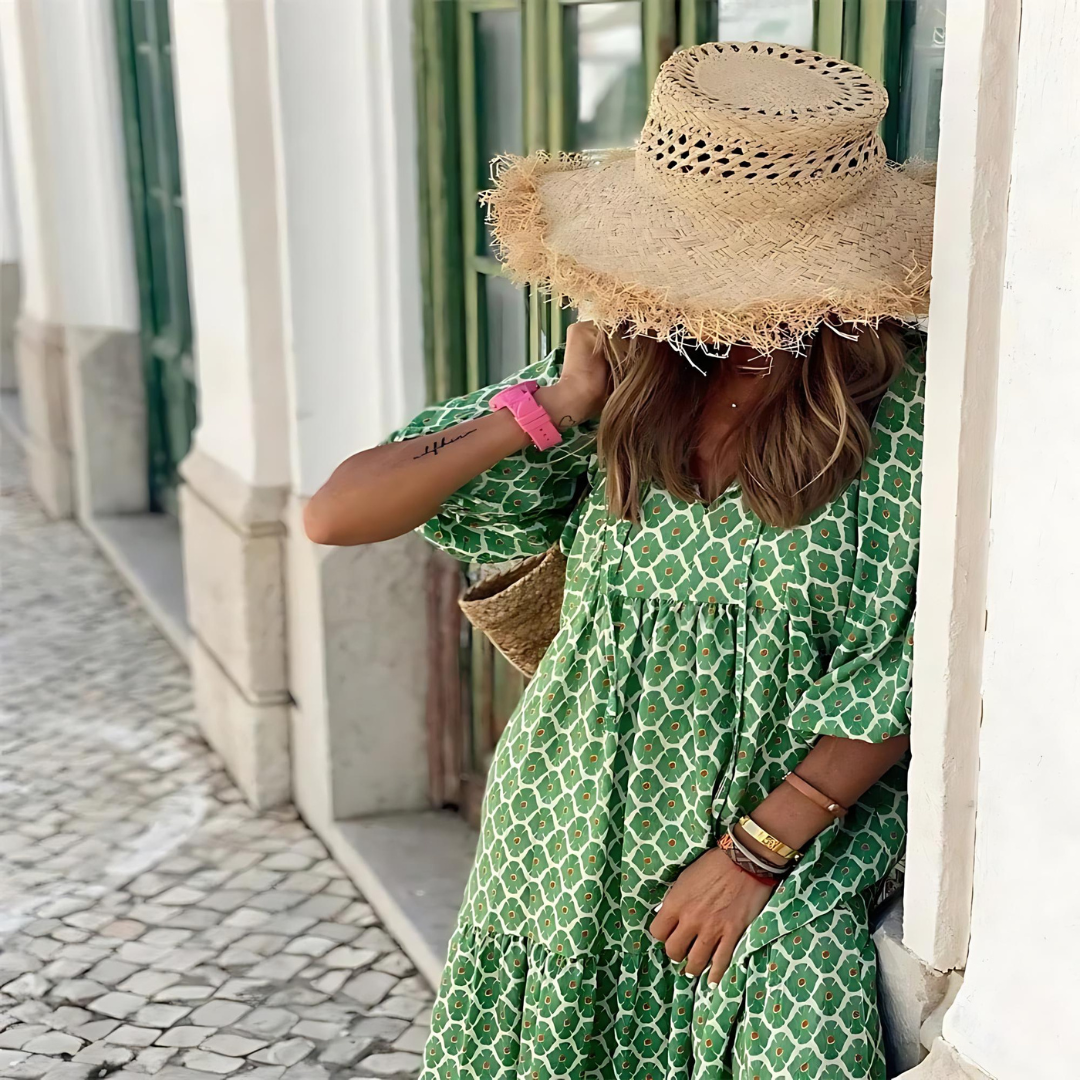 Elegant women's high-low dress with geometric print. A versatile flowy midi/maxi for spring, summer, and casual chic.