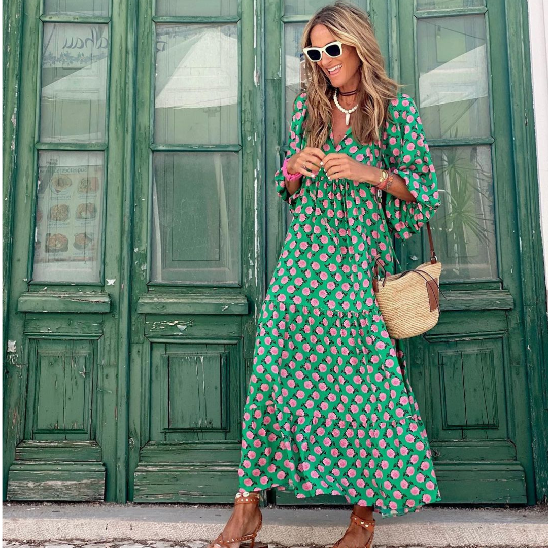 Stylish women's geometric print high-low dress. Elegant flowy midi/maxi for summer & spring, perfect casual or dressy.