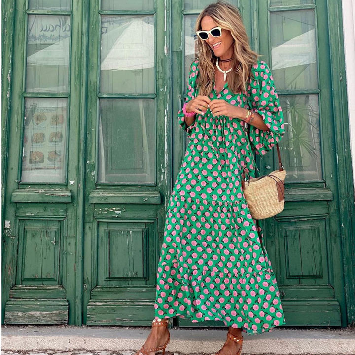 Stylish women's geometric print high-low dress. Elegant flowy midi/maxi for summer & spring, perfect casual or dressy.