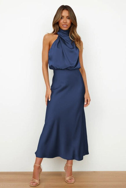 Women's elegant halter neck midi formal dress, perfect for sophisticated evening events & special occasions.