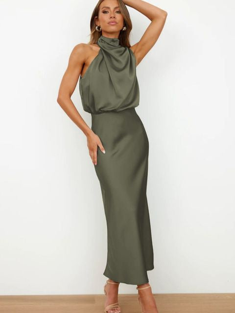 Sophisticated women's formal midi dress with a chic halter neck, ideal for elegant special occasions.
