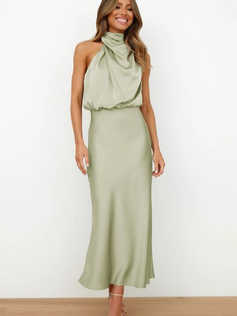 Full view of women's halter neck midi formal dress, an elegant evening gown for any special occasion.