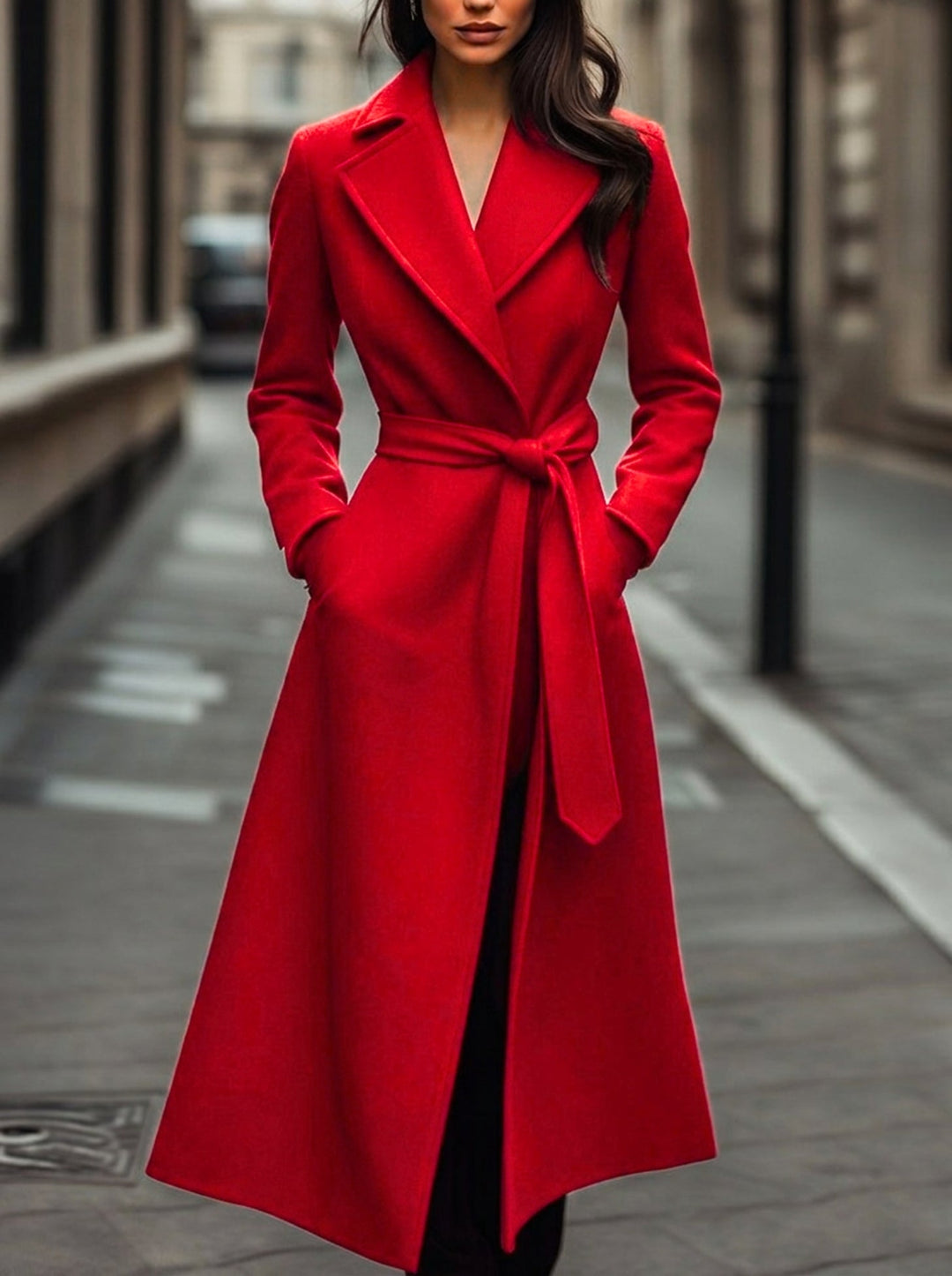 Women's elegant long red trench coat with belt, maxi length, perfect classic outerwear for autumn/winter fashion.