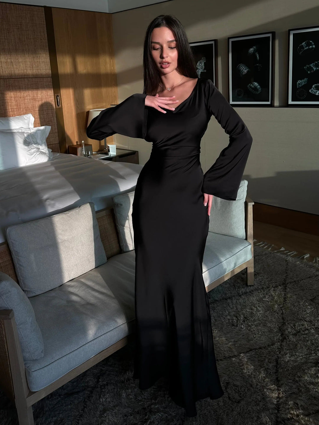 Elegant long sleeve maxi gown for women, a flowing dress suitable for wedding guests, galas & formal events.