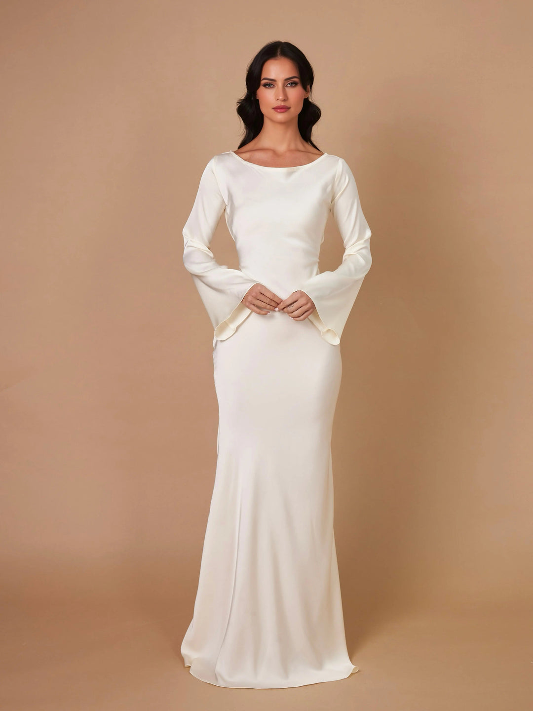 Full view of an elegant women's long sleeve flowing maxi dress, ideal for formal events, weddings & special occasions.