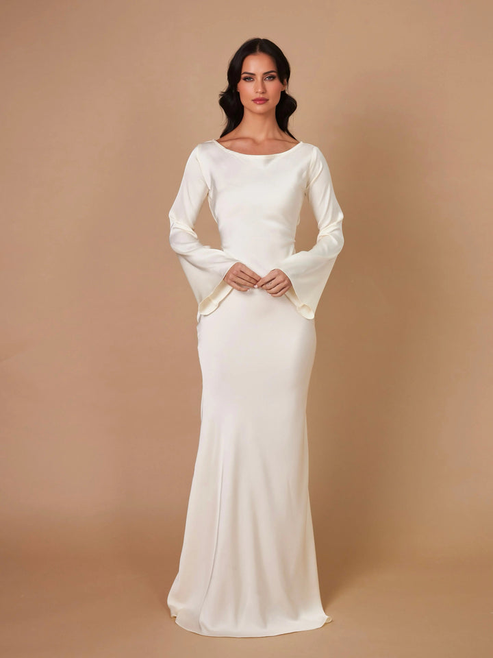 Full view of an elegant women's long sleeve flowing maxi dress, ideal for formal events, weddings & special occasions.