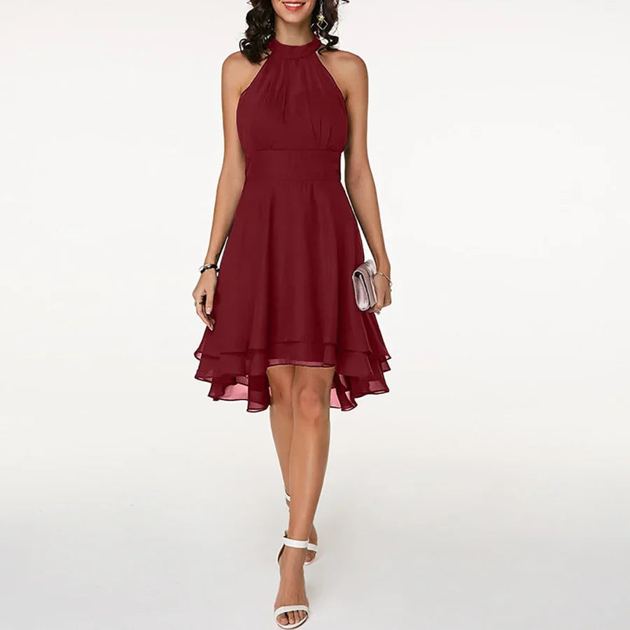 Women's elegant maroon halter neck cocktail dress with ruffle & asymmetric hem, perfect for parties & special occasions.