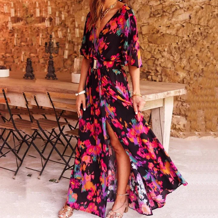 Elegant women's maxi wrap dress with a comfortable, flowing design and stylish tie waist, suitable for any occasion.