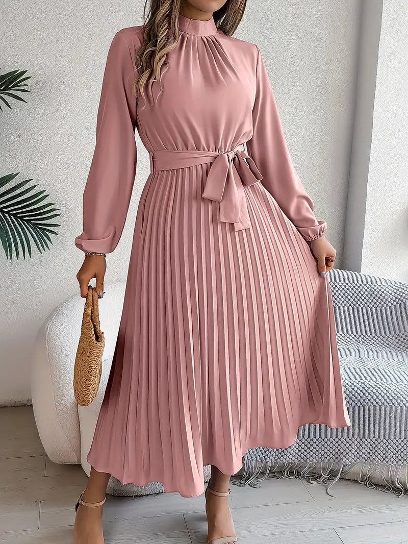 Formal women's belted midi dress, sophisticated pleated design, special occasion wear.