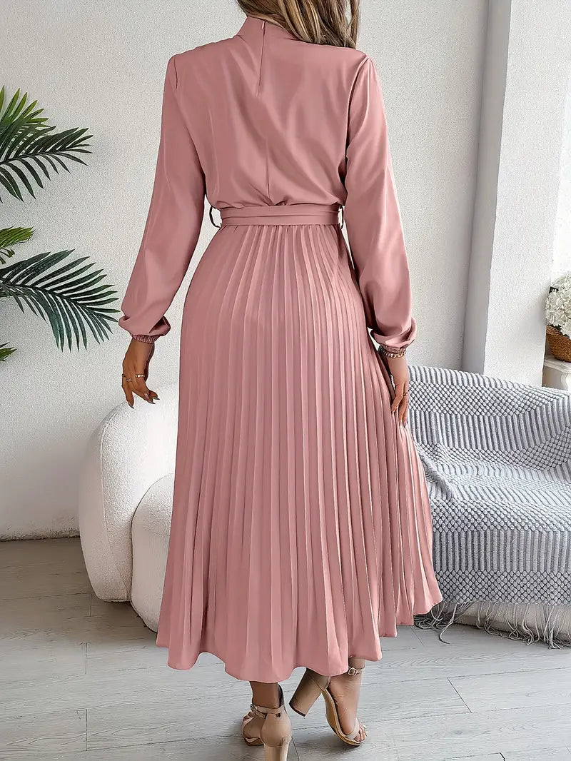 Flowy pleated midi dress, long sleeve elegant style, with a chic belted waist.