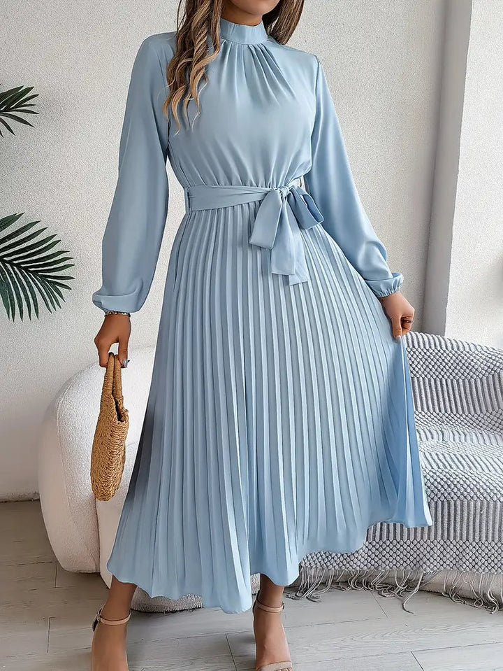 Formal pleated midi dress for women, long sleeves, belted waist, perfect wedding guest attire.