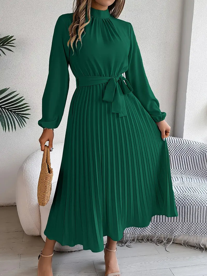Women's sophisticated midi dress, elegant pleats, belted waist, long sleeves.