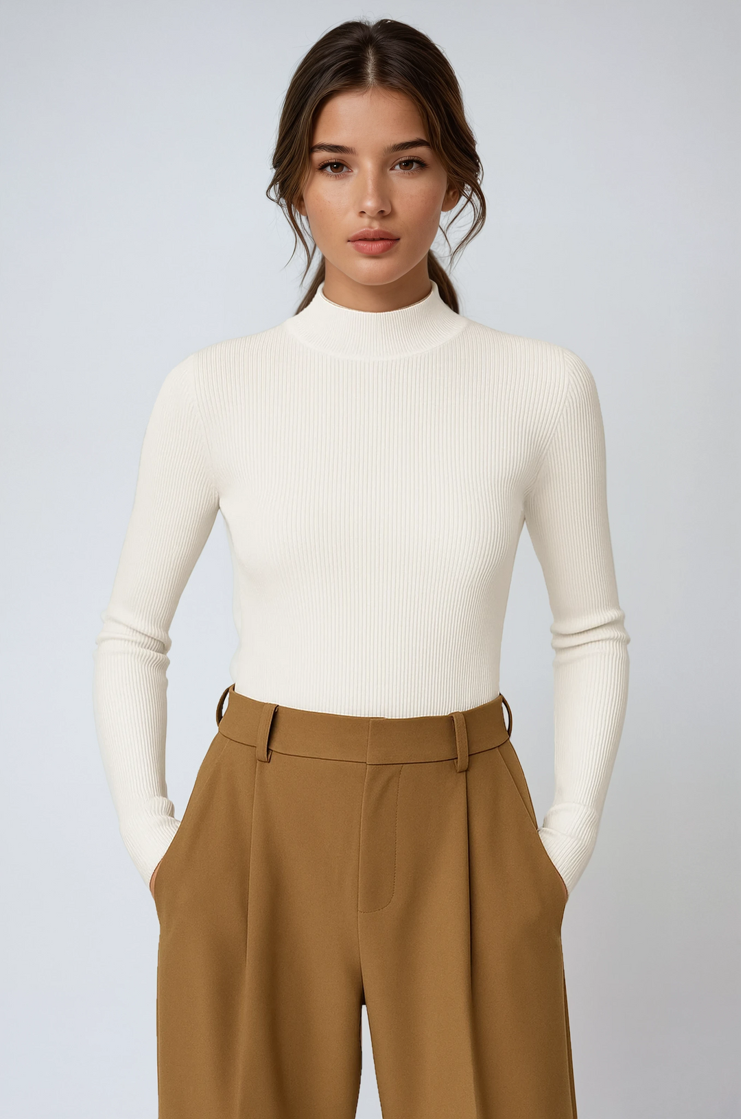 Women's elegant ribbed high neck top in a versatile shade, perfect for casual chic fall & winter outfits.